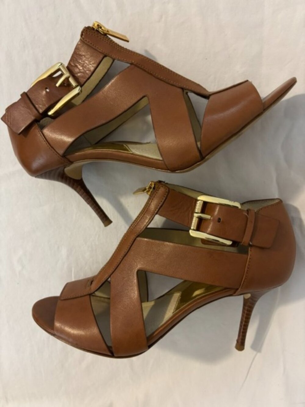 MICHAEL Michael Kors Anya Tan Leather Peep Toe Front Zipper Strappy Sandal 8M